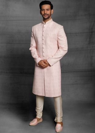 Readymade Peach Embroidered Silk Sherwani Set