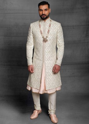 Cream Embroidered Sherwani With Anarkali Kurta