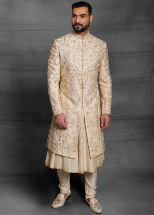 Golden Embroidered Anarkali Kurta With Sherwani