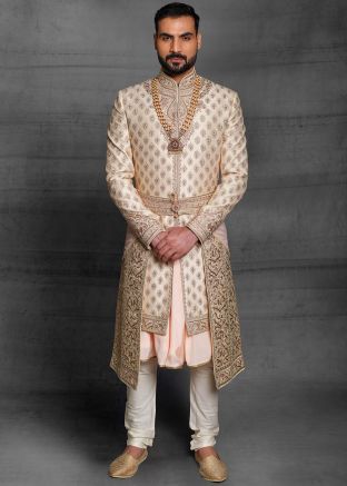 Readymade Golden Embroidered Anarkali Style Sherwani