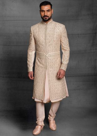 Golden Embroidered Sherwani With Anarkali Kurta