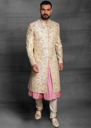Embroidered Golden Anarkali Kurta With Sherwani