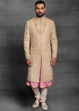 Readymade Golden Embroidered Sherwani With Anarkali Kurta