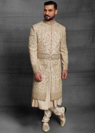 Golden Embroidered Anarkali Style Sherwani In Silk