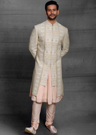 Cream Embroidered Silk Sherwani With Anarkali Kurta