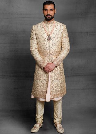 Golden Embroidered Silk Sherwani With Anarkali Kurta