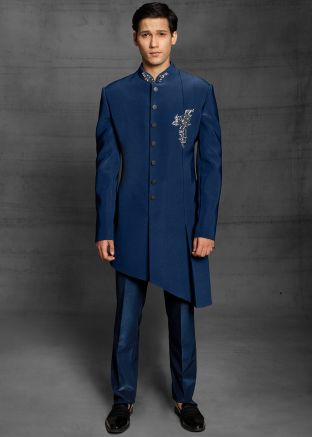 Blue Asymmetric Indo Western Sherwani In Rayon