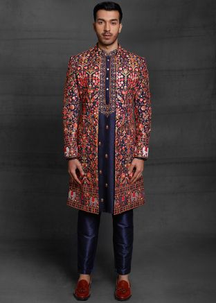 Navy Blue Readymade Embroidered Silk Sherwani Set