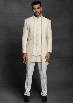 Cream Embroidered Layered Indo Western Sherwani