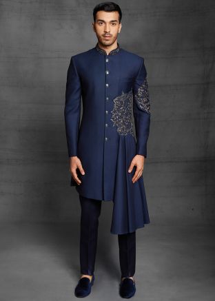 Blue Asymmetric Embroidered Indo Western Sherwani