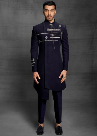 Navy Blue Asymmetric Indo Western Sherwani In Rayon