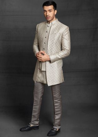 Grey Embroidered Layered Indo Western Sherwani