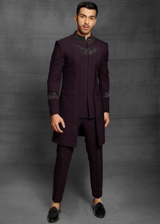 Wine Embroidered Asymmetric Indo Western Sherwani