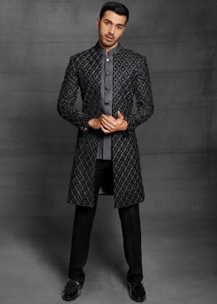 Black Embroidered Rayon Indo Western Sherwani