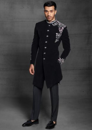 Black Embroidered Indo Western Sherwani Set