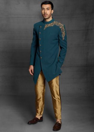 Green Embroidered Rayon Indo Western Sherwani