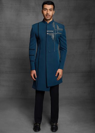 Blue Indo Western Sherwani Set In Rayon