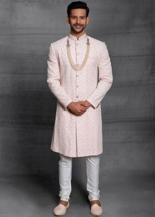 Peach Embroidered Silk Sherwani With Churidar