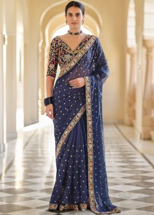 Navy Blue Organza Sequins Embellished Saree USA