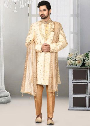 Readymade Cream Embroidered Sherwani Set