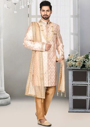 Readymade Pink Zari Woven Sherwani Set