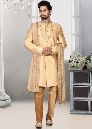 Golden Zari Woven Sherwani Set In Jacquard