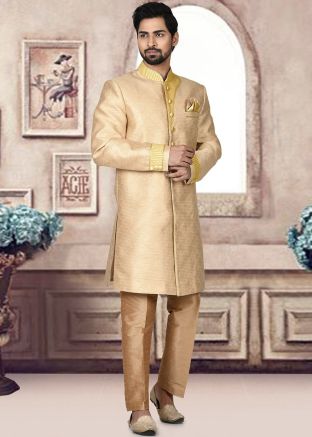 Golden Jacquard Woven Sherwani With Trouser