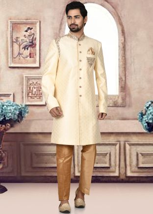 Readymade Yellow Woven Jacquard Sherwani Set