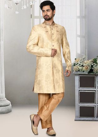 Readymade Golden Woven Sherwani Set