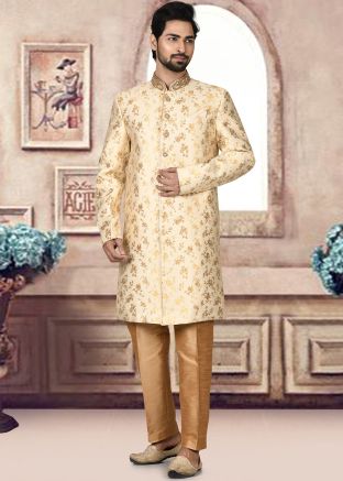 Readymade Golden Jacquard Woven Sherwani Set