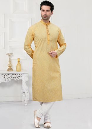 Readymade Yellow Cotton Mens Wedding Kurta Pyjama