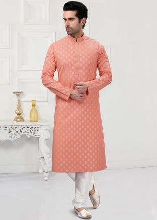 Peach Readymade Mens Kurta Churidaar In Cotton