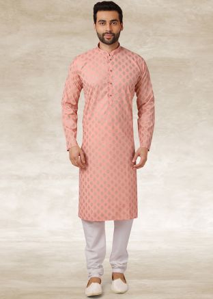 Readymade Peach Printed Kurta Pajama In Cotton