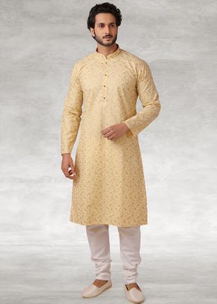 Yellow Printed Design Kurta With Churidar