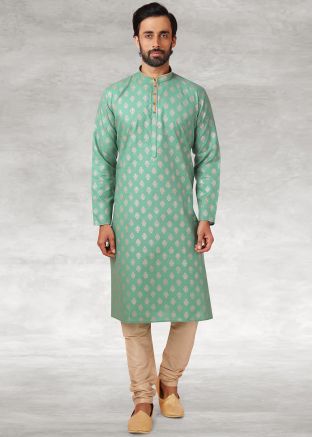 Readymade Green Kurta Pajama In Printed Design