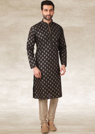 Green Cotton Kurta With Churidar In Printed Design