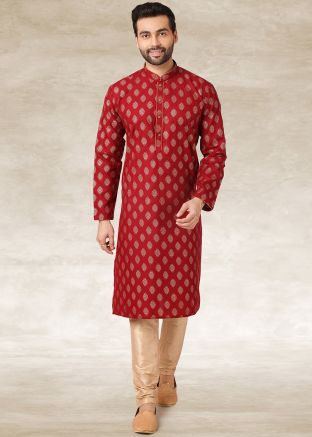 Readymade Printed Kurta With Churidar In Maroon