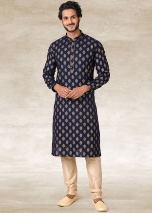 Navy Blue Printed Kurta With Churidar