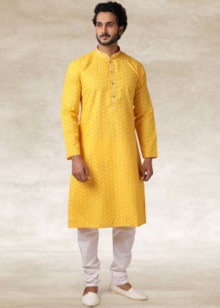 Yellow Floral Printed Kurta With Churidar