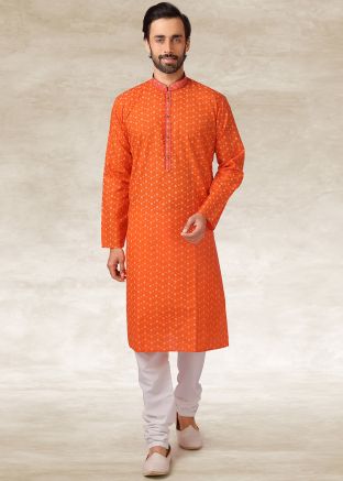 Readymade Orange Cotton Kurta With Pajama