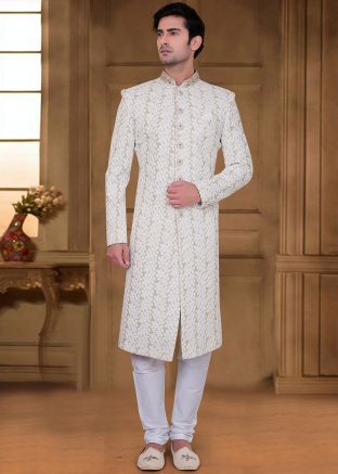 Beige And White Readymade Chikankari Sherwani