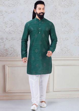 Green Sequinned Kurta Pajama In Silk