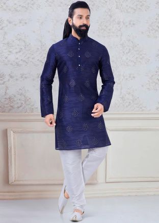 Navy Blue Embellished Silk Kurta Pajama
