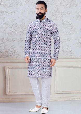 Readymade Off White Printed Kurta Pajama