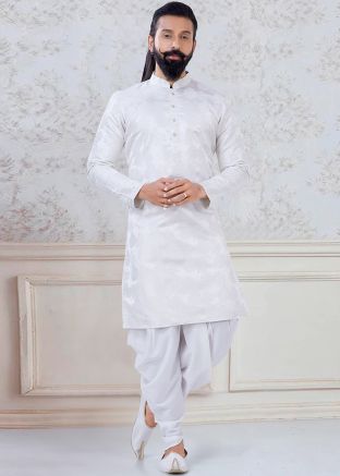 Readymade Cream Woven Kurta With Dhoti