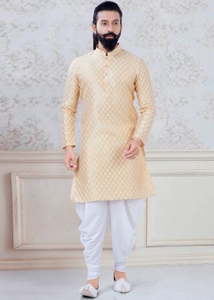 Golden Woven Kurta With Dhoti In Jacquard