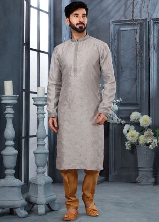Grey Embroidered Kurta With Pajama In Silk
