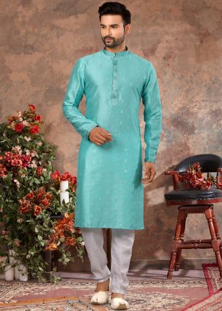 Blue Embroidered Jacquard Kurta Pajama
