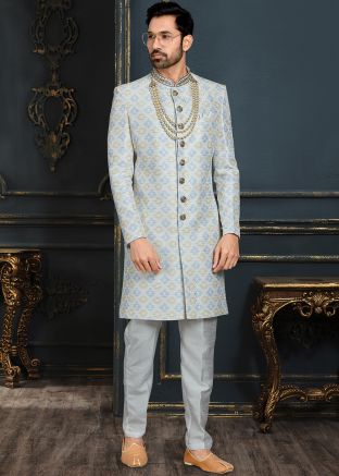 Readymade Off White Embroidered Sherwani Set