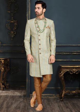 Off White & Golden Embroidered Sherwani Set